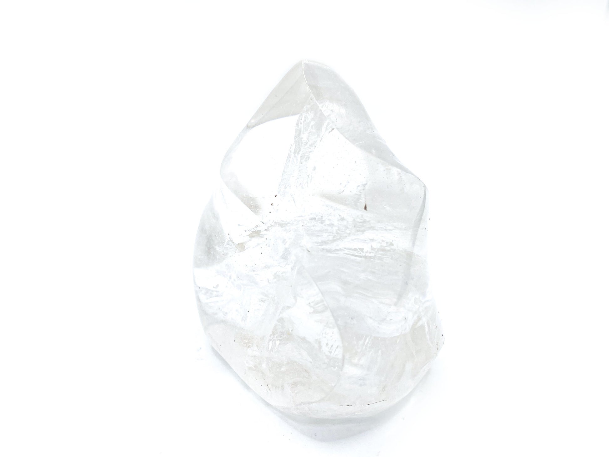 Clear Quartz flame point crystal, 3 inches tall, beautifully carved for meditation and decor.